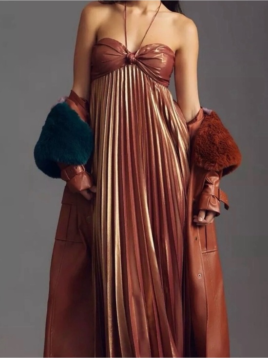 Anthropologie Dresses & Skirts - Anthropologie Metallic Copper-Bronze Strapless Pleated Maxi Dress